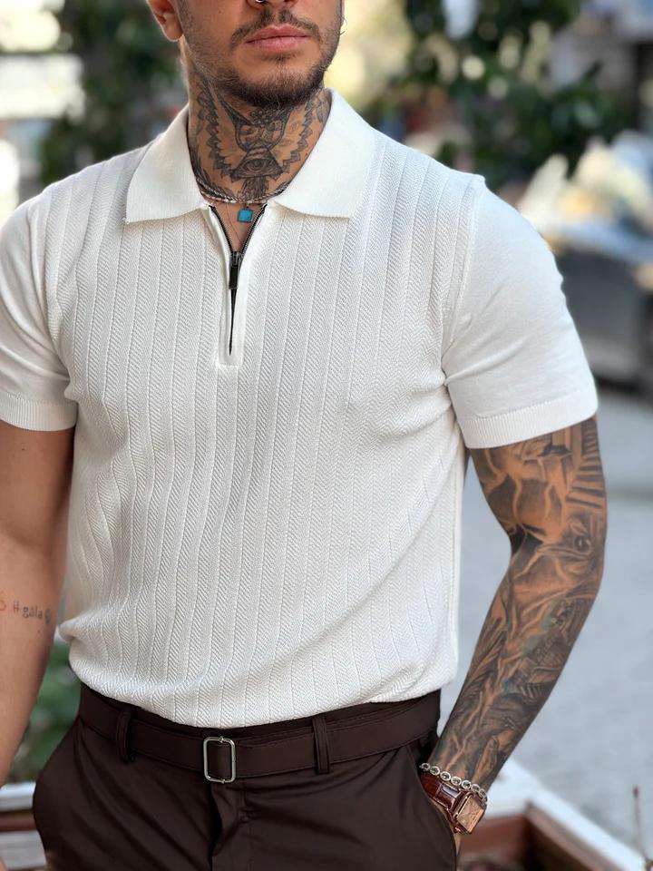 Fermuar Detaylı Yakalı T-Shirt - Ekru